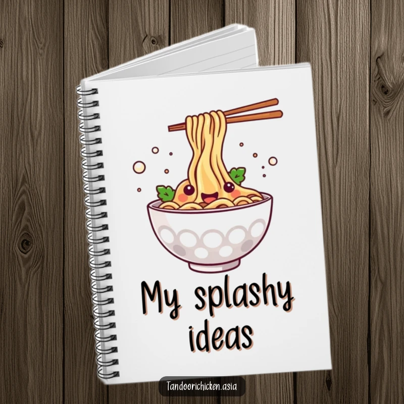 Funny kawaii steaming bowl of noodles happily splashing, ideal for a fun and inspiring notebook.