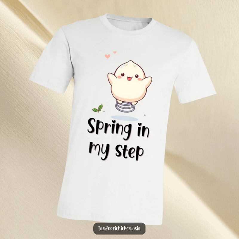 Funny Kawaii Dumpling T-Shirt: A cute dumpling merrily bouncing on a spring, looking cheerful.