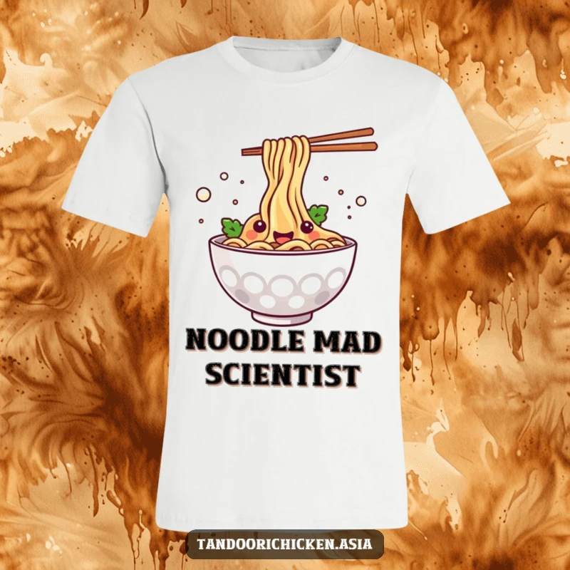 Funny kawaii steaming bowl of noodles joyfully splashing, printed on a comfortable and stylish t-shirt.