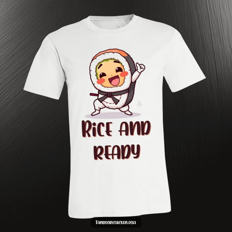 Funny Kawaii Sushi T-Shirt: A cute sushi roll gleefully doing a martial arts kick, looking determined.