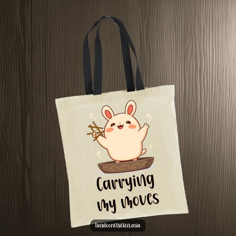 Funny kawaii bao bun doing a happy dance with chopsticks, perfect for a stylish and humorous tote bag.