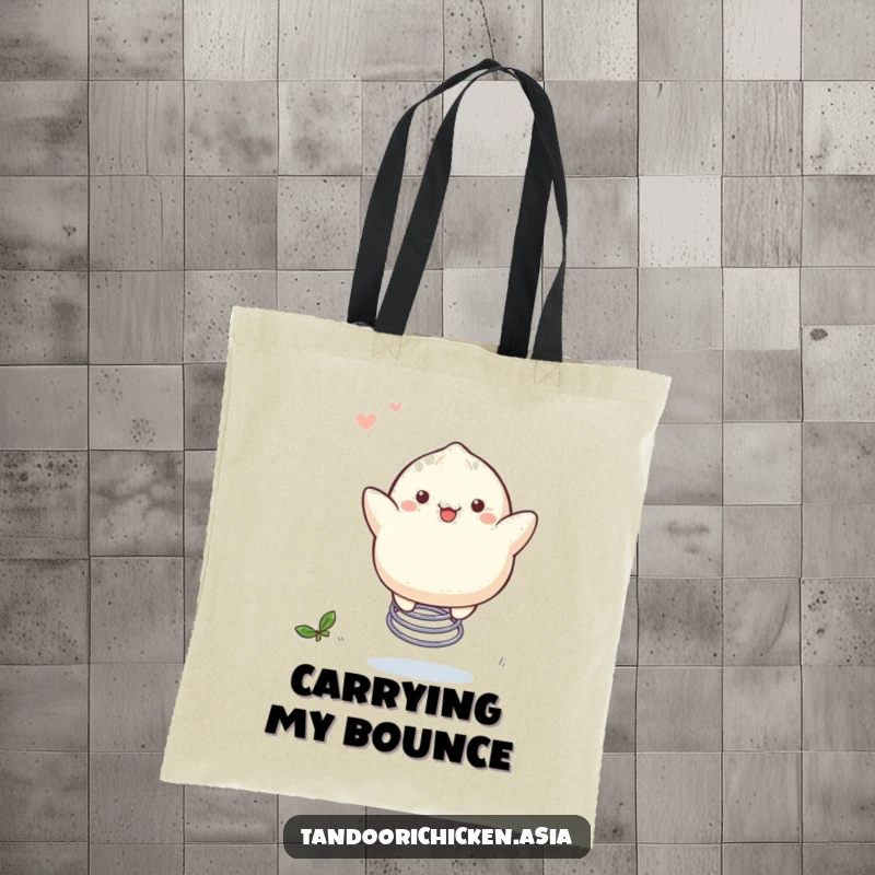Funny Kawaii Dumpling Tote Bag: A cute dumpling merrily bouncing on a spring, looking lively.