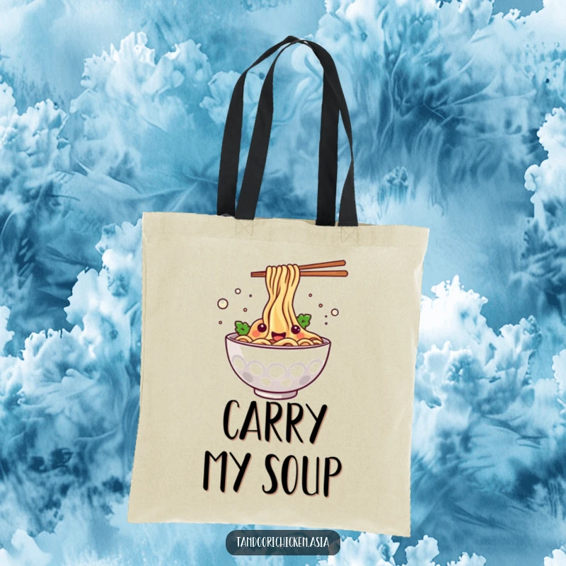 Funny kawaii steaming bowl of noodles happily splashing, a fun and functional tote bag for everyday use.