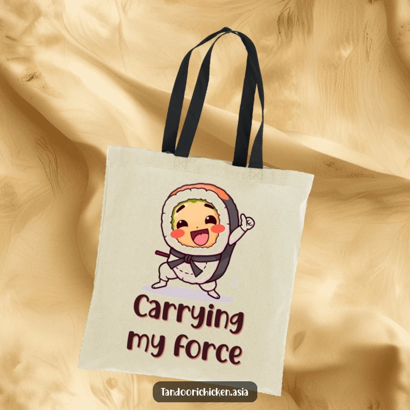 Funny Kawaii Sushi Tote Bag: A cute sushi roll gleefully executing a martial arts kick, full of spirit.